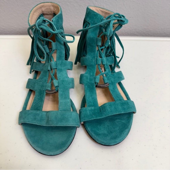 Longchamp Sandals Womens Size 7 Gladiator Green Suede Lace-Up New Boho Cowgirl - Picture 4 of 12